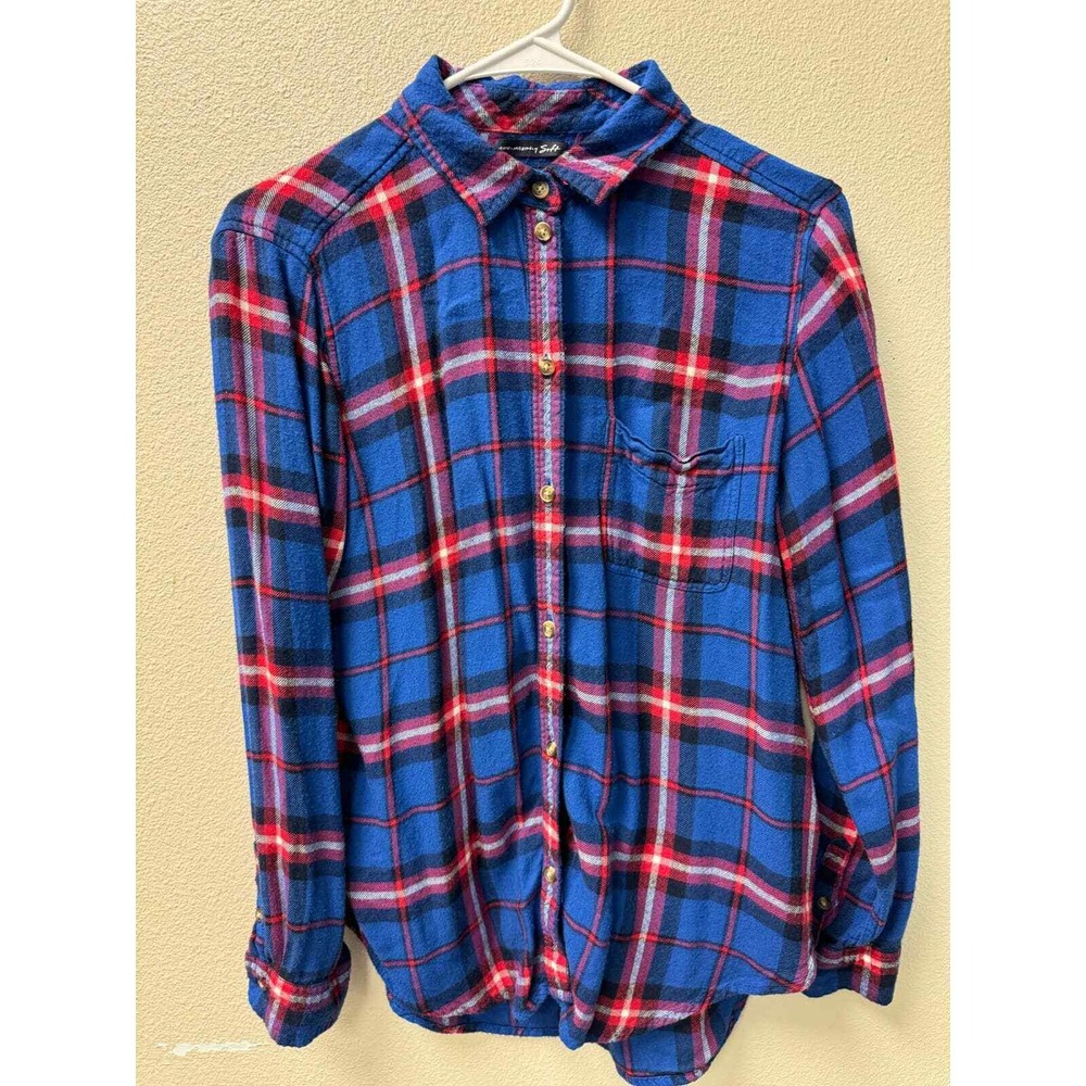 American Eagle Womens‎ Plaid Boyfriend Fit Flannel Shirt Blue Red M Preppy